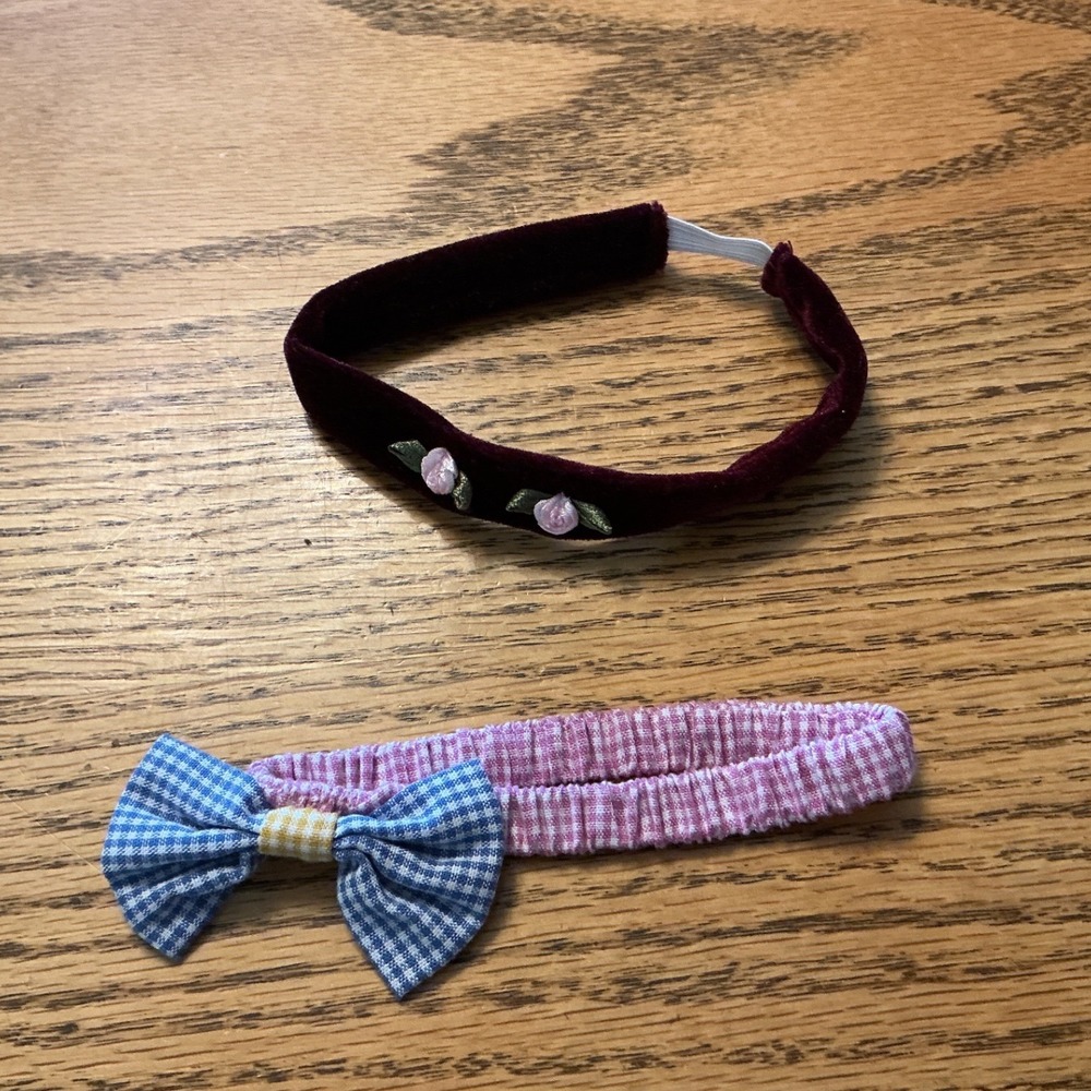Vintage American Girl Bitty baby Headband Set Velvet Floral & Blue Gingham Bow